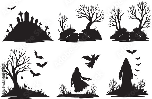 Spooky Halloween silhouettes: haunted graveyard, roads, bats, figures