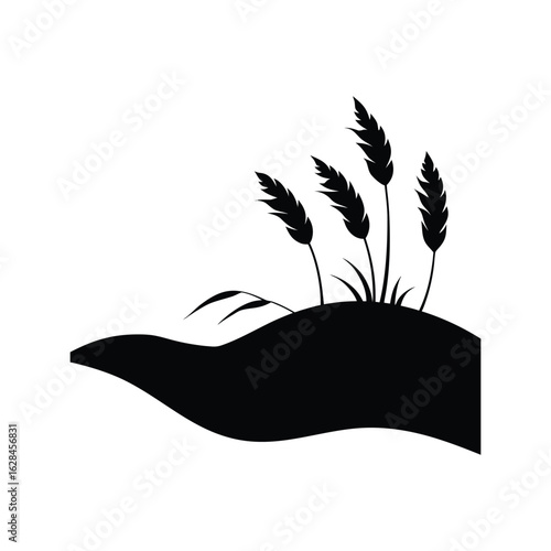Coastal Sand Dunes with Blowing Wheat Grass Scene Silhouette Vector Illustration
