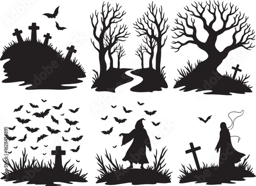 Spooky Halloween silhouettes bats, graves, witches, and creepy trees