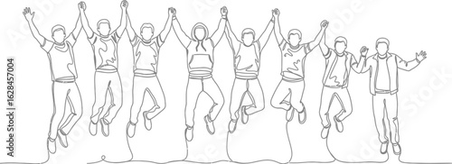 Joyful group of men celebrating success together with raised hands jumping