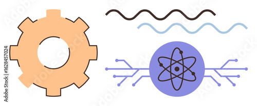 Gear cogwheel, atom symbol, and signal waves in minimalist style reflect technology, science, and innovation. Ideal for engineering, STEM, industry, research digitalization and creativity as simple