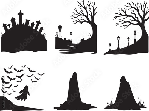 Spooky Halloween silhouettes graveyard, bats, ghost, haunted trees