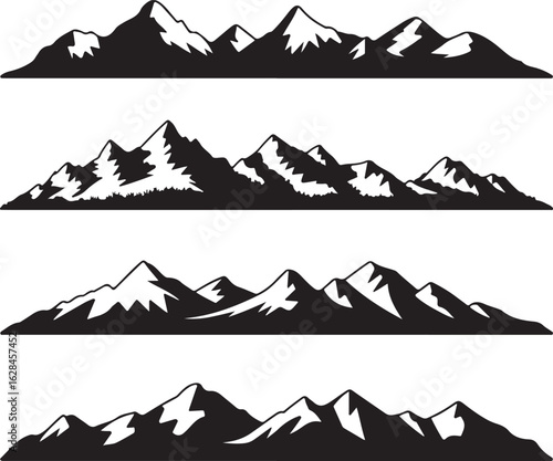 Set of Four Black Mountain Range Silhouettes on White Background