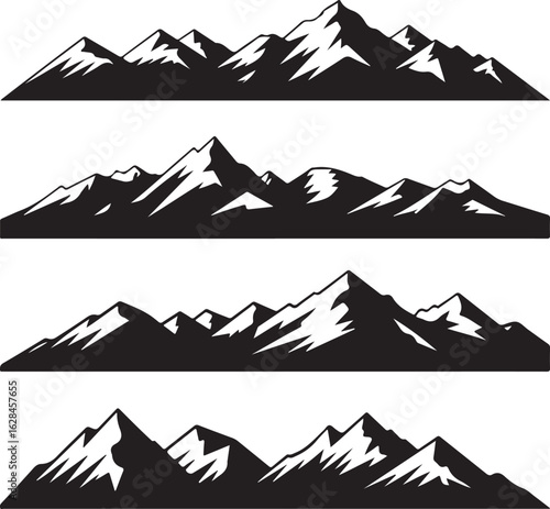 Set of Four Black Mountain Range Silhouettes on White Background