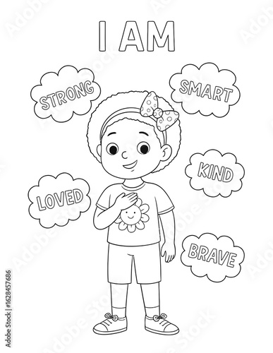 I Am: Empowering child illustration that fosters self-esteem and positive affirmations.