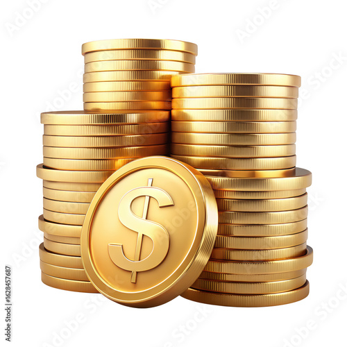Pile of shiny golden dollar coins isolated on transparent background, representing wealth, investment, and financial success in business and economy