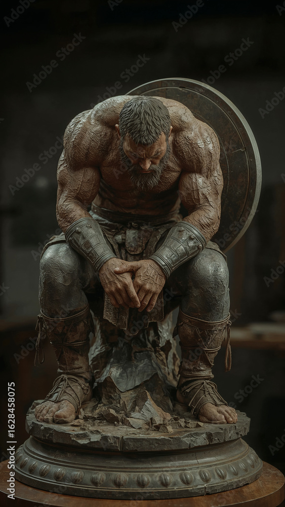 Fototapeta premium Gladiator Statue Sitting Depressed With A Shield In A Workshop