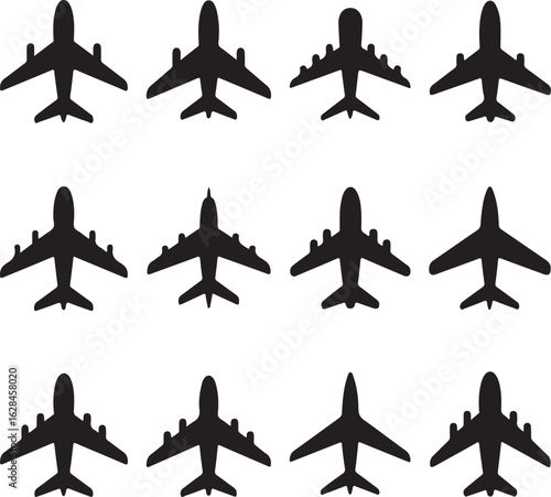 Set of Ten Black Airplane Silhouettes in Varied Aircraft Designs