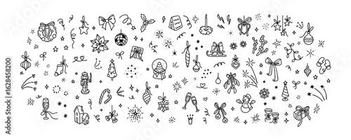 Cute line doodle Merry Christmas and. Happy New Year hand drawn rectangle background. Minimalist kids crayon scribble. Party celebration. Firework, confetti, light and movement magic effect