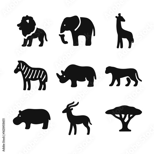 African safari wildlife icon collection. A set of black silhouettes representing wild animals like a lion, elephant, giraffe, and zebra.
