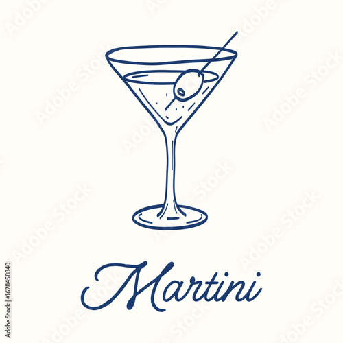 A blue and white drawing of a martini glass with an olive on top. The word martini is written below the image