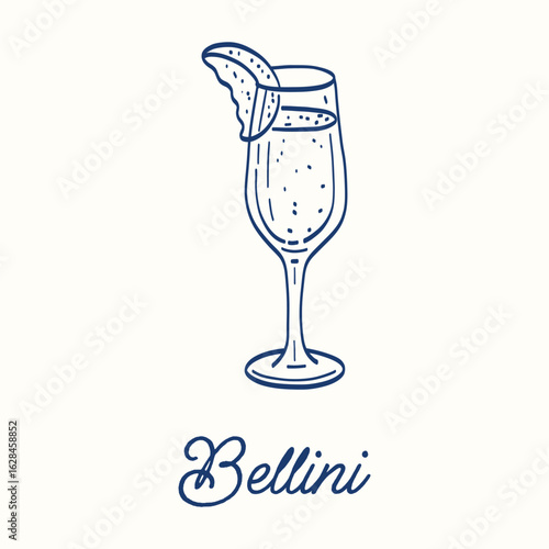 A glass of wine with a slice of lemon on top. The wine is called Bellini. The glass is blue and the lemon slice is yellow
