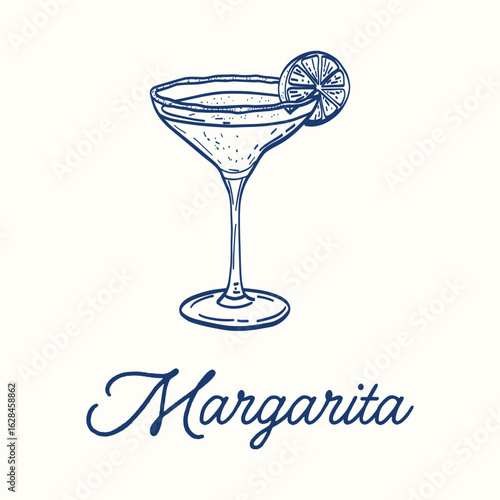 A blue and white drawing of a martini glass with a slice of lime on top. The word "Margarita" is written below the image