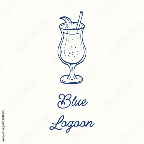 A blue glass with a straw in it. The word blue is written below the glass. Concept of relaxation and enjoyment, as it is a picture of a drink, which is often associated with leisure and socializing