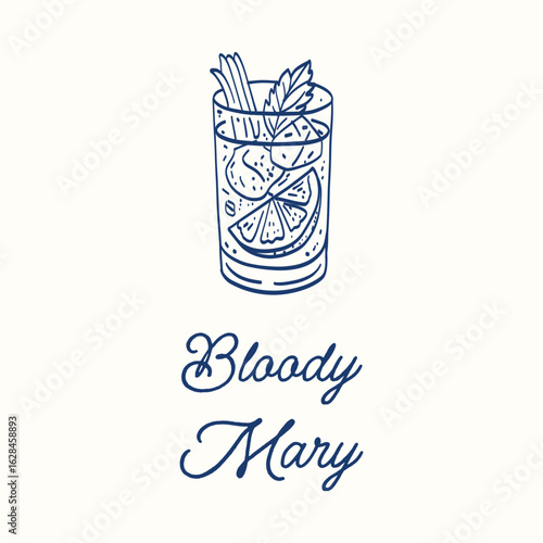 A glass of Bloody Mary is shown with a garnish of celery and lemon. The drink is served in a tall glass