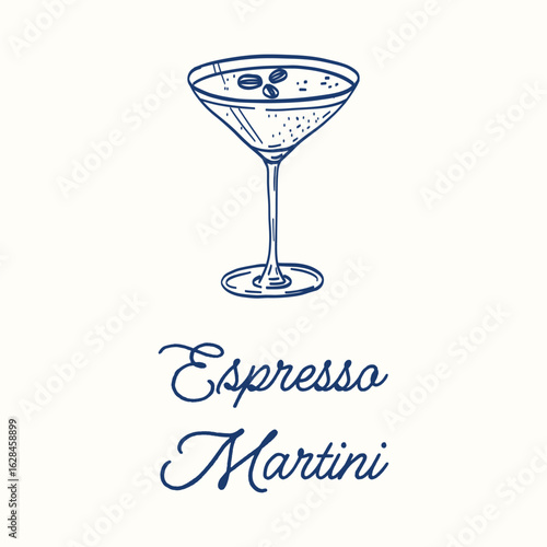 A blue and white image of a martini glass with a blue outline. The word espresso is written in white on the glass