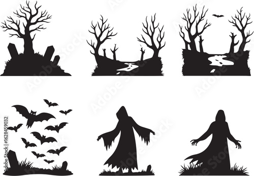 Spooky Halloween silhouettes with grim reapers, bats, graves, trees