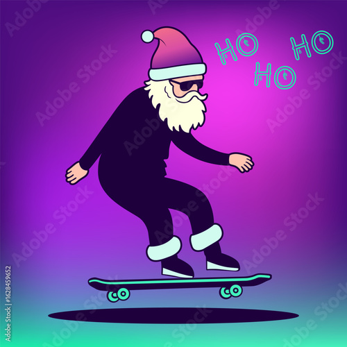 The Santa Claus standing on the skate board. Santa hipster in sunglasses on a red background