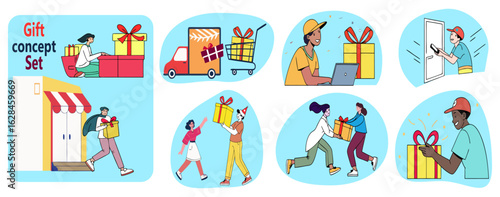 Gift concept set illustration. Set of vector illustrations of people in various activities of e-commerce, delivery, shopping, giving or sending gifts, delivery car, delivery boy and celebration.