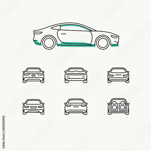 Editable Stroke Car Line Icons – Front, Side, Rear, Interior, and Undercarriage Views