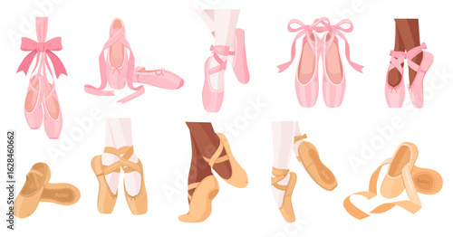 Variety of ballet shoes in different positions and styles