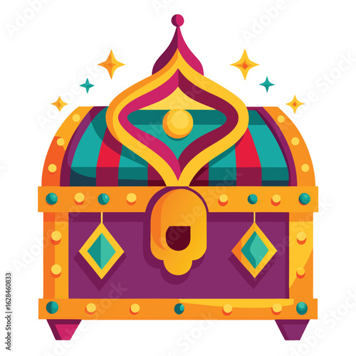 Decorative treasure chest illustration in a colorful and stylized flat vector design