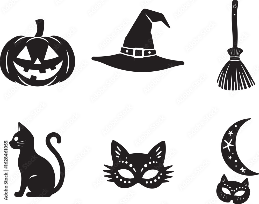 Obraz premium Spooky Halloween icons: pumpkin, witch hat, broom, cat, moon