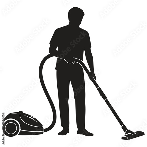 Silhouette of a man vacuuming the floor with a canister vacuum cleaner for home cleaning and domestic chores