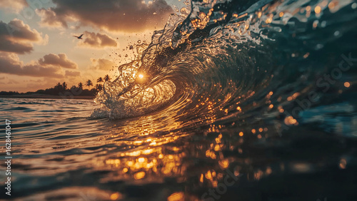 Fototapeta Naklejka Na Ścianę i Meble -  Ocean wave with sunbeams at sunset and a bird flying light