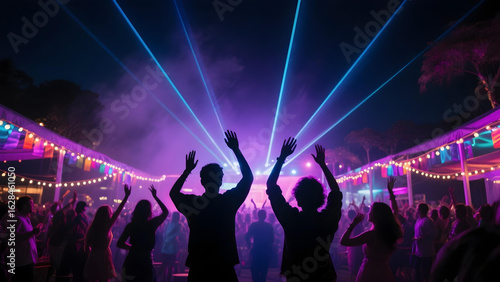 Silhouetted crowd dancing under vibrant LED lights and lasers at upscale outdoor party.
