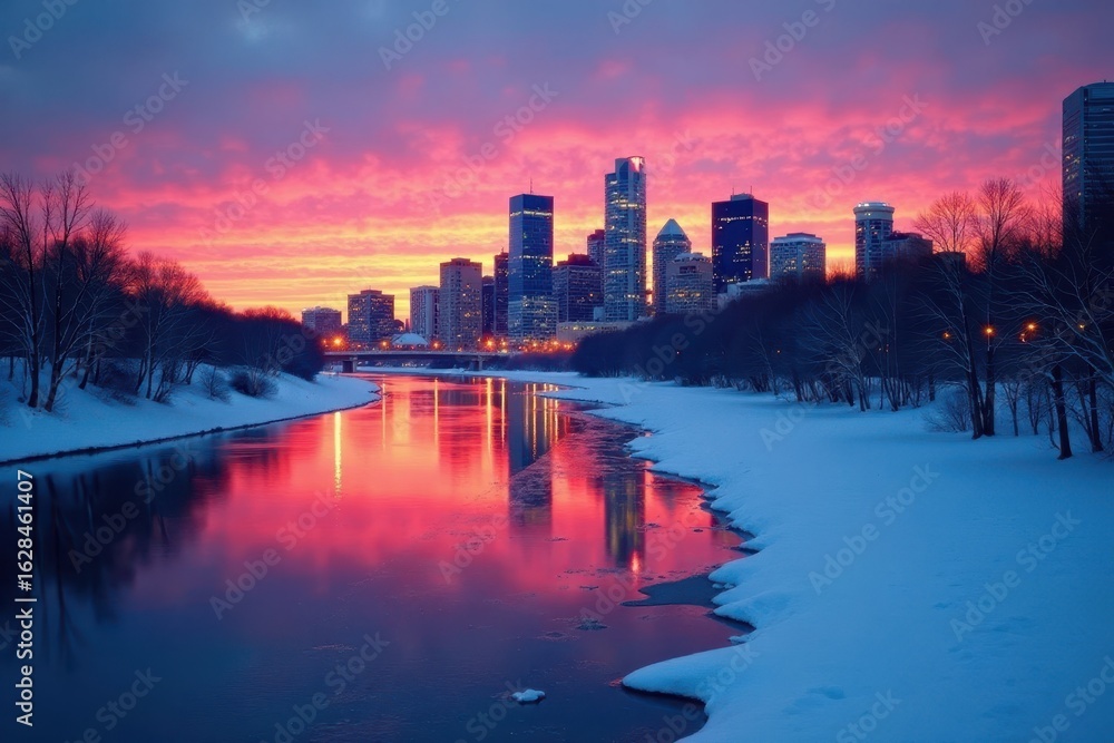 Fototapeta premium Icy North Saskatchewan River mirrors Edmonton's glowing winter skyline , north saskatchewan, ice