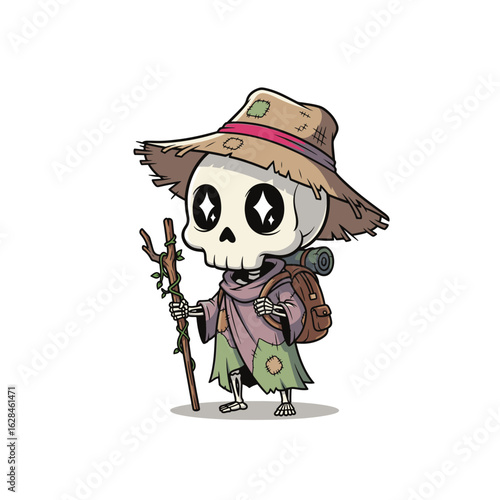 A cheerful skeleton wanderer with a patched robe, straw hat, and walking stick sets out on an adventure. Full of charm and whimsy, it radiates innocence and a love for the journey.