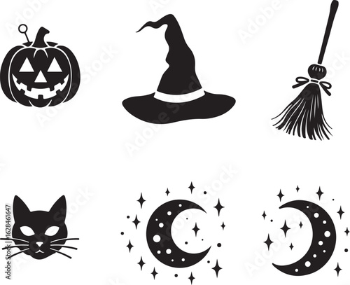 Spooky Halloween icons: pumpkin, witch hat, cat, broom, moon