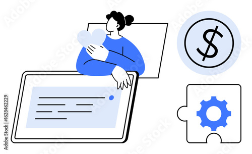 Woman holding heart symbol near tablet, accompanied by dollar sign and gear puzzle piece. Ideal for finance, love, technology, connection, teamwork, problem-solving productivity. Simple flat