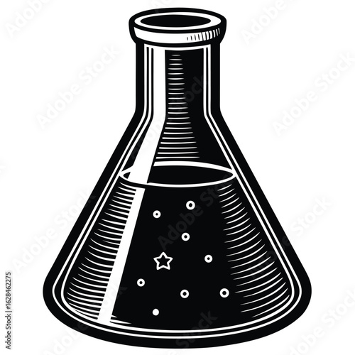 Vector illustration of a laboratory erlenmeyer flask with bubbles and a star inside