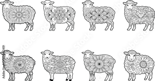 Intricate black and white illustrations of sheep with floral mandala style patterns for coloring book pages