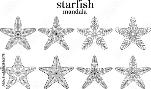 Black and white decorative starfish mandala designs for coloring books creative projects and art therapy
