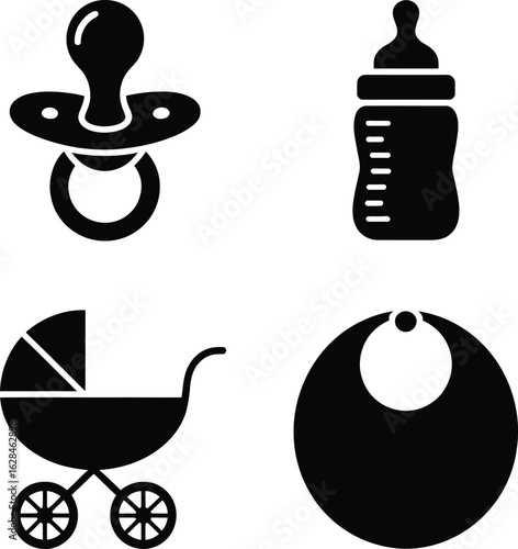 Baby Care Icons Silhouettes: Pacifier, Bottle, Stroller, Bib Set