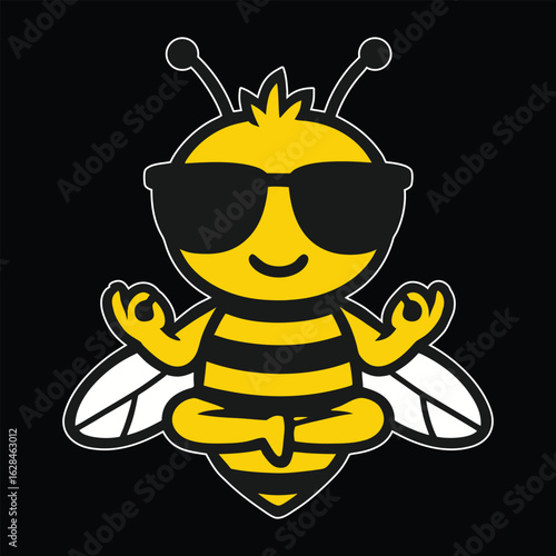 Cool cartoon bee in sunglasses meditating in a yoga lotus pose