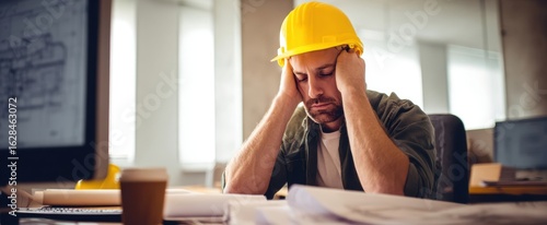The stressed construction worker in his office dealing with overwhelming workloads.
