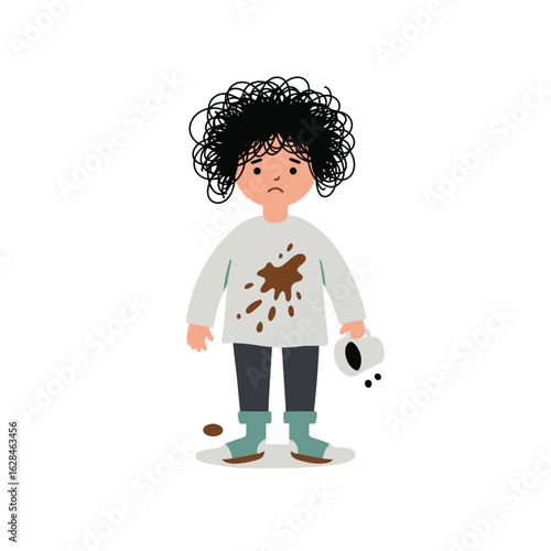 Upset Child Spilled Coffee Cartoon Illustration