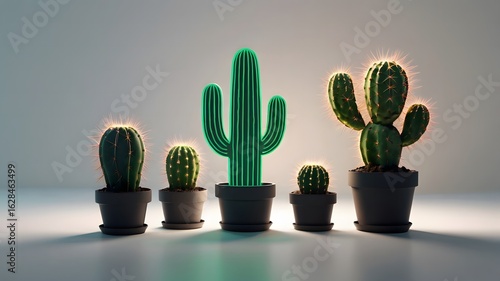 A unique, stylized green cactus stands tall among a row of realistic cacti, symbolizing individuality and innovation in a competitive market