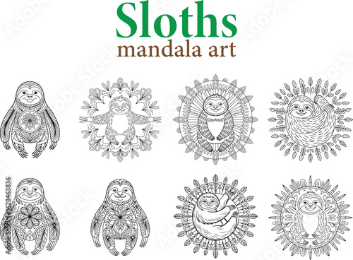 Detailed black and white sloth mandala art illustrations collection for coloring book and creative projects designs