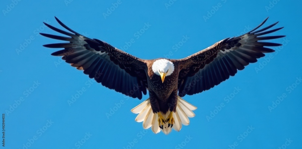 Naklejka premium American bald eagle soaring high, sharp detail, clear blue background , raptor, USA