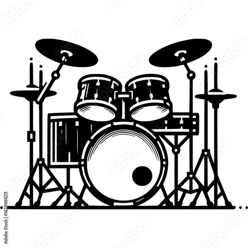 Rhythmic Precision: A detailed monochrome illustration of a drum kit showcases the intricate arrangement of instruments and hardware, ideal for musical themes.
