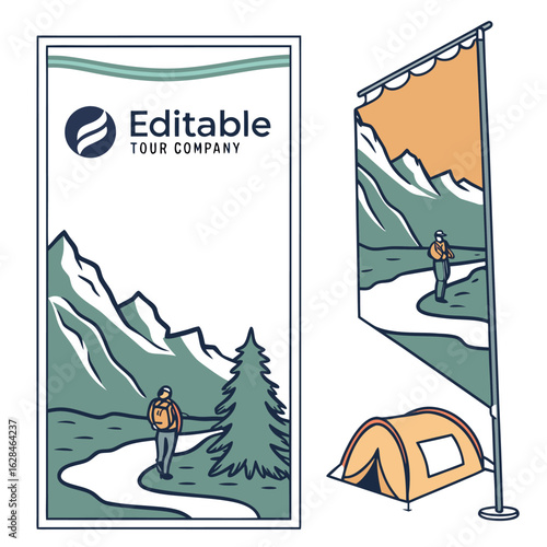 Adventure tour company banner and flag design featuring mountainous landscapes and hikers