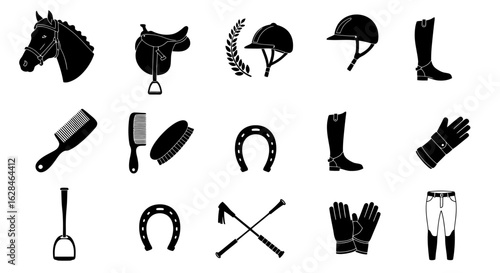 A collection of equestrian-themed vector graphics in black and white, featuring horseshoes, riding gear, and equipment for various aspects of the sport, perfect for design.