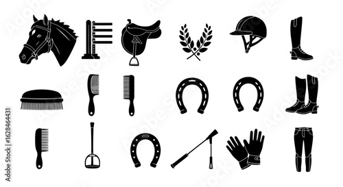 Elegant black and white vector illustration featuring equestrian equipment, including a horseshoe, saddle, and riding gear, ideal for sports-themed designs and graphics.