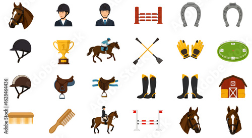 Collection of equestrian elements including horses, riders, saddles, and horseshoes, presented in a clean, flat vector style for easy use.