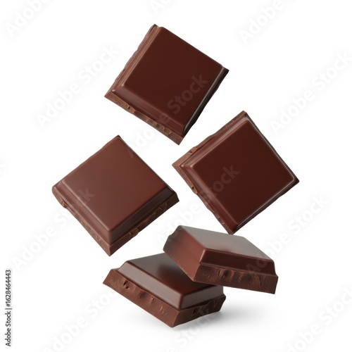 Dark chocolate pieces isolated on white background